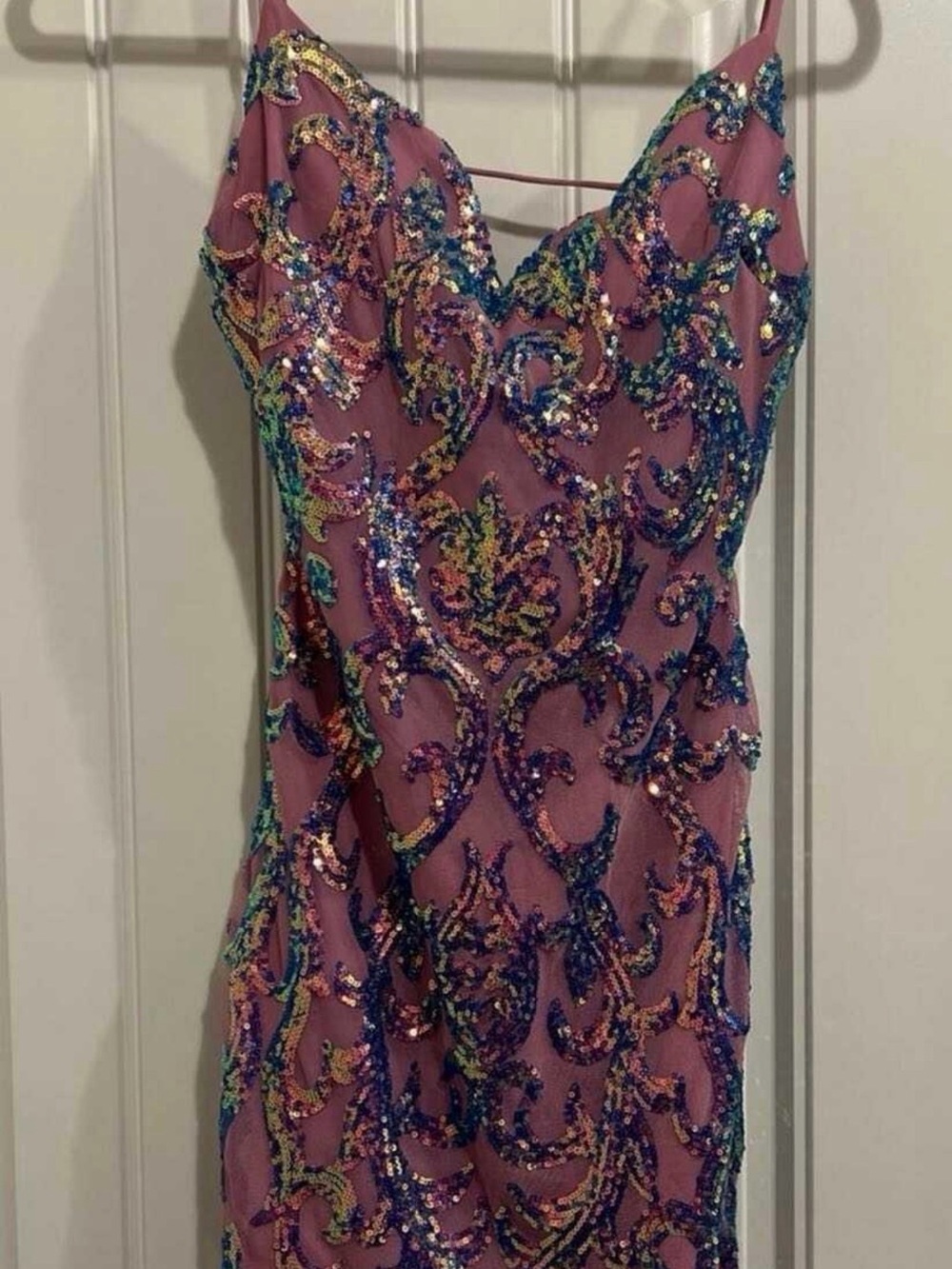 B Darlin Pink Sequin Prom Dress with Multicolor Embellishments
